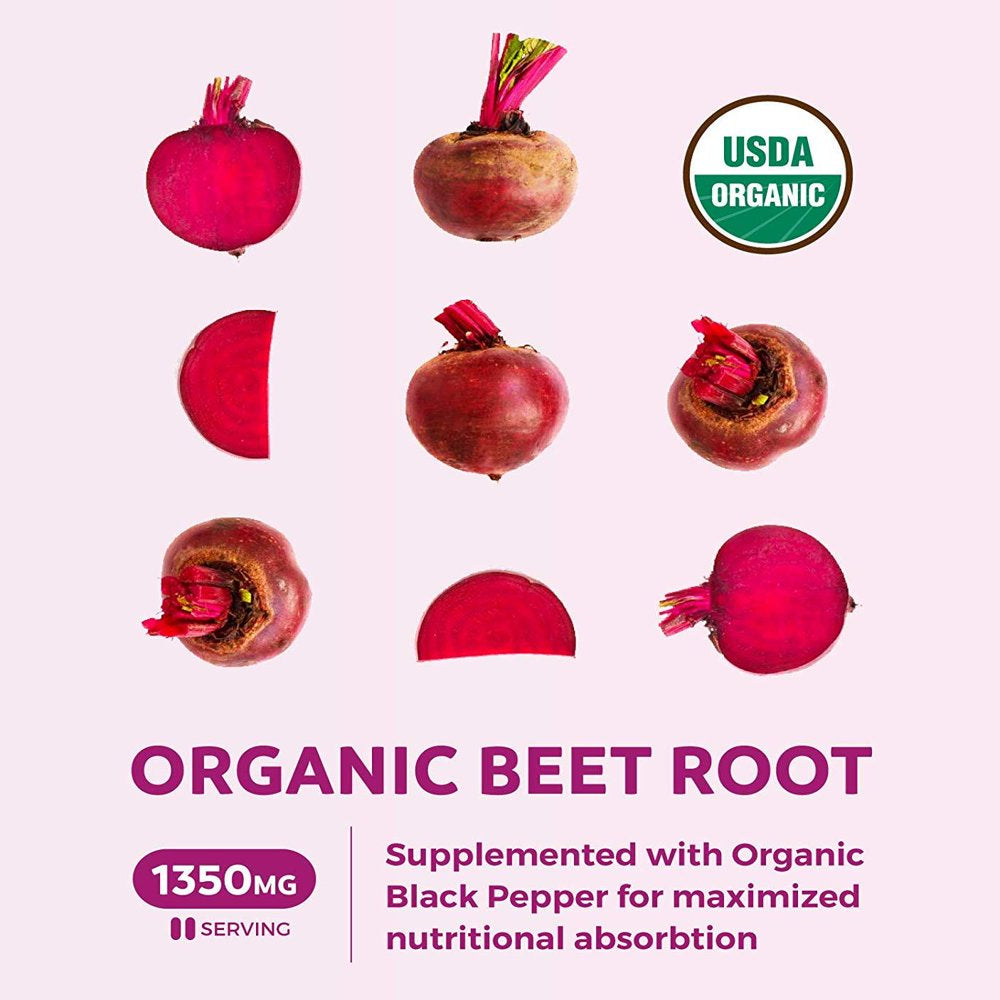 Organic Beet Root Powder (120 Tablets) 1350Mg Beets per Serving with Black Pepper for Extra Absorption - Nitrate Supplement for Circulation, Heart Health - No Capsules
