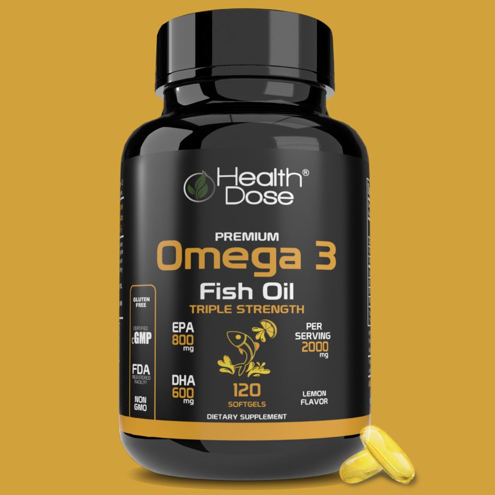 Omega 3 Fish Oil Lemon Flavor Premium by , 120 Softgels 2 Month, 2000Mg Triple Strength with EPA + DHA, Immune Support, Heart, Brain, Joints & Skin, No More Fish Burps, Gluten-Free, Non-Gmo