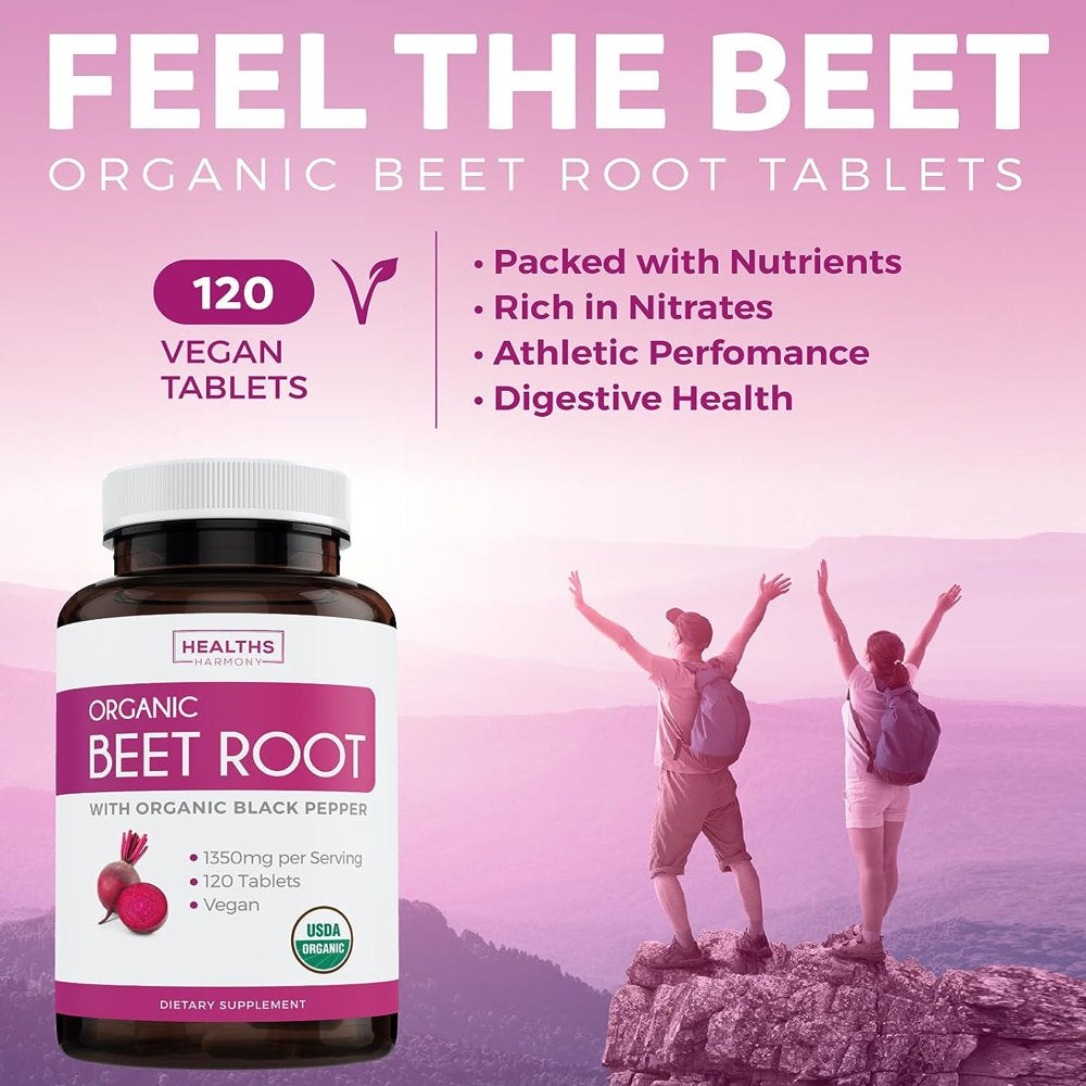 Organic Beet Root Powder (120 Tablets) 1350Mg Beets per Serving with Black Pepper for Extra Absorption - Nitrate Supplement for Circulation, Heart Health - No Capsules