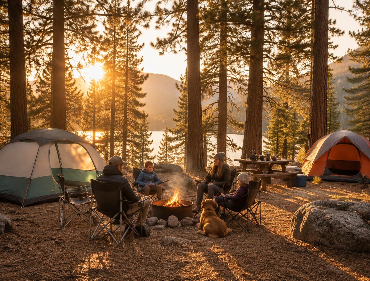 Tents pitched in a pine forest clearing beside a campfire at golden hour